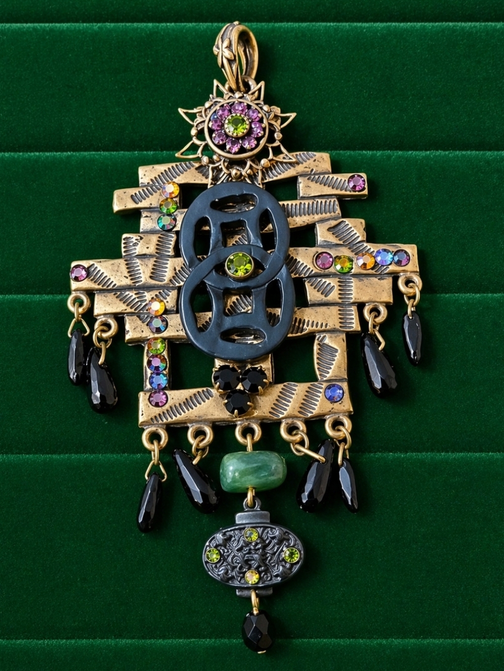 Vintage Chico’s Statement Pendant Necklace Boho Tribal Dangle Rhinestone Mixed